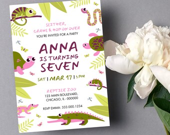 May include: A white invitation card with green and pink illustrations of reptiles and insects. The text reads "Slither, Crawl & Hop On Over You're Invited For A Party Anna Is Turning Seven Sat | Mar 17 | 3 PM Reptile Zoo 123 Main Boulevard, Chicago, IL-000000 RSVP Emma: 333.000.1234"
