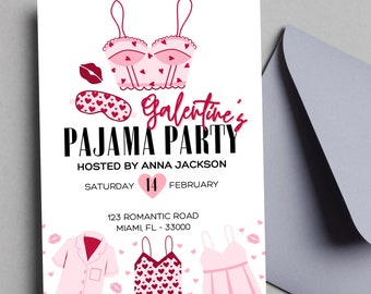 Galentine's Pajamas Party Invitation Girls Night Valentine's Day Slumber Party - Editable and Printable Canva Template