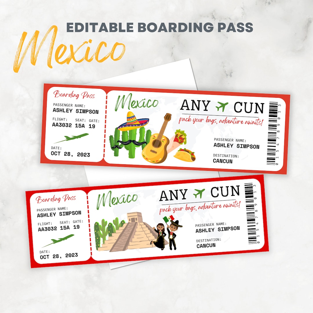 Editable and Printable Boarding Pass Mexico Surprise Trip Cancun