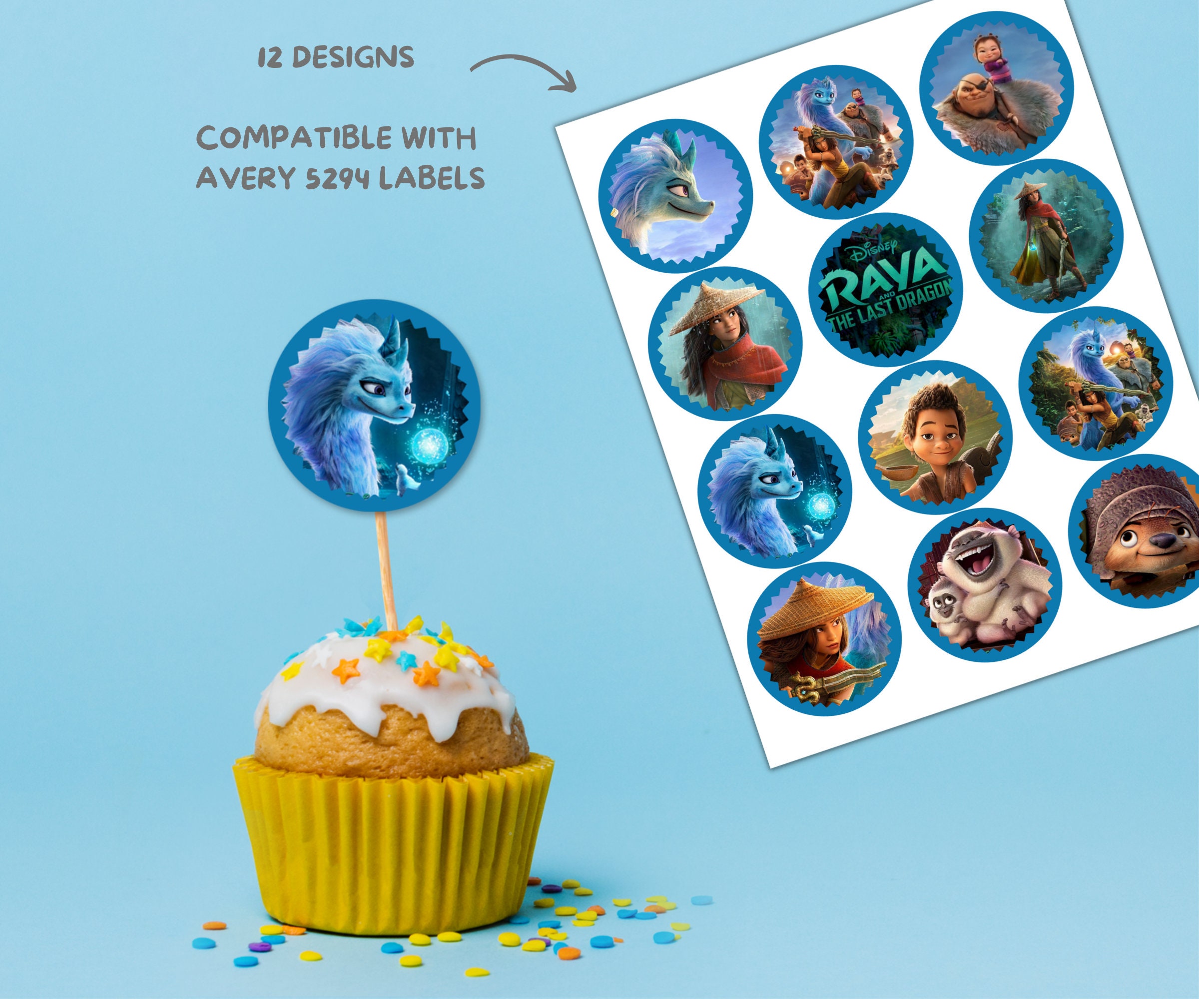 Raya and the Last Dragon Party Labels: Chip Bag, Round Label - Cupcake topper, CapriSun Juice Label | Sisu Templates - Printable Editable