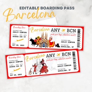 Editable and Printable Boarding Pass Barcelona Surprise Trip Spain Destination Ticket Europe - Canva Template