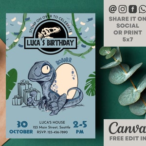 Modèle d'invitation d'anniversaire du monde jurassique bleu bébé | Thème Jurassic Park | TRex Dinosaur Invite for Kids Party - Toile imprimable modifiable