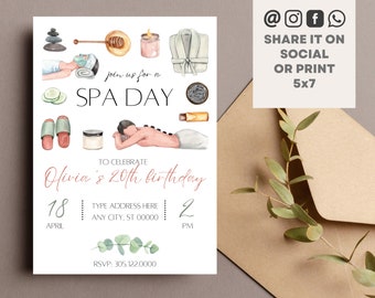 Spa Day Einladung | Geburtstag oder Bachelorette Spa Party einladen - Bearbeitbare druckbare Canva-Vorlage