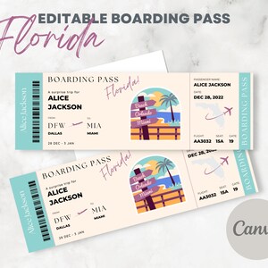 Bordkarte Florida, Überraschungsticket Miami, Urlaubsreise Orlando - Bearbeitbare druckbare Canva