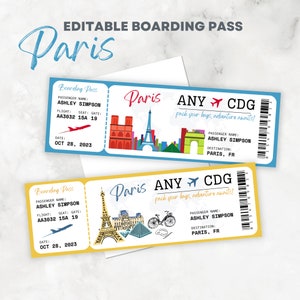 Cartão de embarque editável e imprimível Paris Surprise Trip França Bilhete de destino Europa - modelo Canva