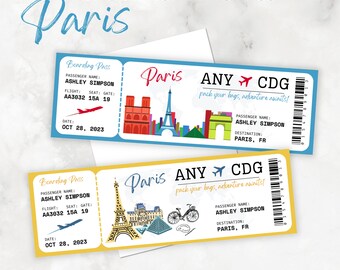 May include: Two printable boarding passes with a Parisian theme. The passes are yellow and blue with illustrations of the Eiffel Tower, Arc de Triomphe, and other Parisian landmarks. The text on the passes reads "Paris ANY CDG pack your bags, adventure awaits!" and includes the passenger name, flight number, seat number, gate number, and date.