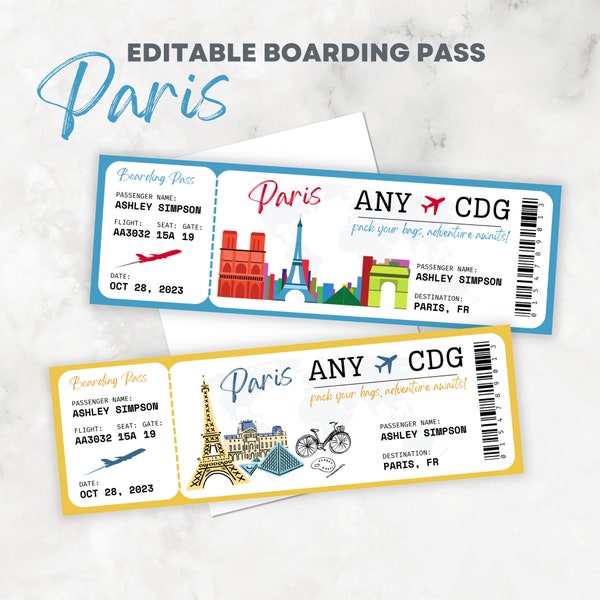 Editable and Printable Boarding Pass Paris Surprise Trip France Destination Ticket Europe - Canva Template