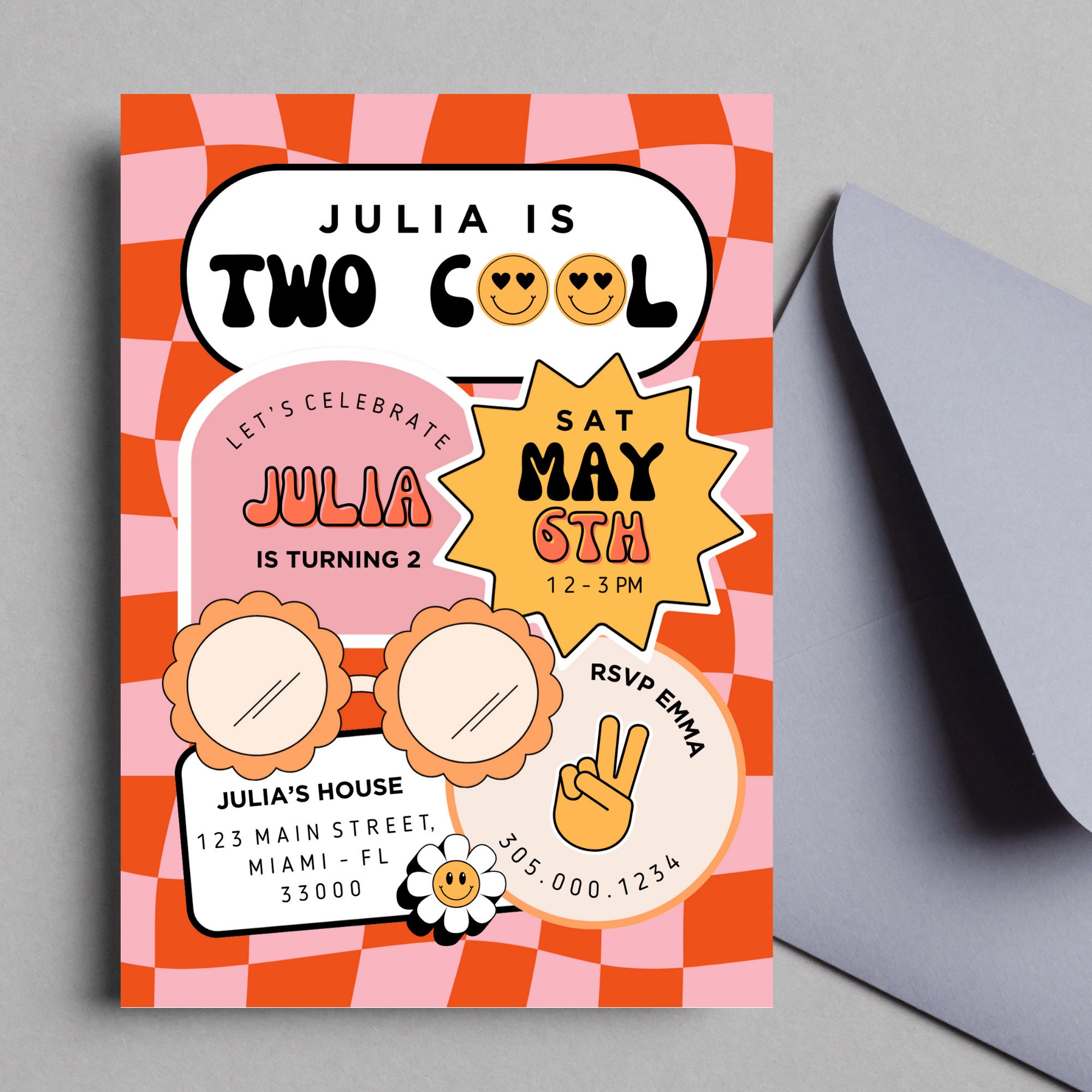 Two Birthday Invite Two Cool Birthday Invitation Template Checkered Smiley Face Retro 2nd ...