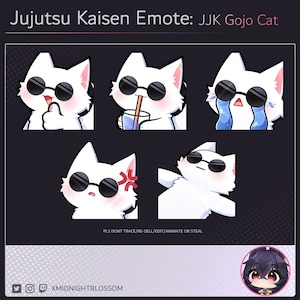 Puede incluir: Cinco ilustraciones digitales de un gato blanco con gafas de sol. El gato se muestra en diferentes poses y expresiones, incluyendo pulgar hacia arriba, bebiendo de un vaso con una pajita, llorando, pareciendo enojado y acostado. El texto "Jujutsu Kaisen Emote: JJK Gojo Cat" está en la parte superior de la imagen. El texto "PLS DONT TRACE/RE-SELL/EDIT/ANIMATE OR STEAL" está en la parte inferior de la imagen. El texto "XMIDNIGHTBLOSSOM" está en la parte inferior de la imagen.