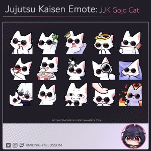 Könnte beinhalten: Ein Set mit 15 digitalen Katzen-Emojis, die eine weiße Katze mit schwarzen Sonnenbrillen in verschiedenen Posen und Ausdrücken zeigen. Die Emojis basieren auf dem Charakter Gojo Satoru aus dem Anime Jujutsu Kaisen. Der Text "Jujutsu Kaisen Emote: JJK Gojo Cat" befindet sich oben im Bild. Der Text "PLS DONT TRACE/RE-SELL/EDIT/ANIMATE OR STEAL" befindet sich unten im Bild. Der Text "XMIDNIGHTBLOSSOM" befindet sich unten im Bild.