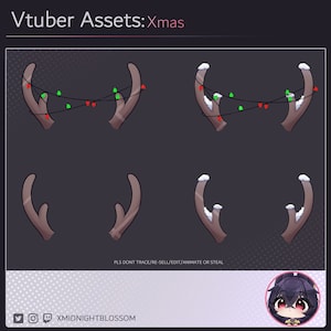Puede incluir: Cuatro variaciones de cuernos de reno con luces de Navidad y nieve. Los cuernos son marrones con un patrón de cuadros. Las luces son rojas y verdes. La nieve es blanca. El texto "PLS DONT TRACE/RE-SELL/EDIT/ANIMATE OR STEAL" está en la parte inferior de la imagen.