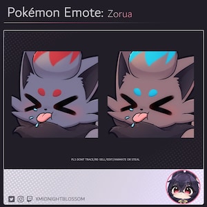 Puede incluir: Una ilustración digital de un emoticono Pokémon con Zorua, un Pokémon parecido a un zorro de color oscuro con ojos rojos y una lengua azul que sobresale. El emoticono tiene una expresión traviesa con los ojos cruzados y la boca abierta. El fondo es gris oscuro con un patrón sutil.