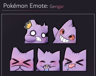 May include: Five different animated emotes featuring the Pokemon Gengar. The emotes are in a purple colour scheme and feature different expressions, including blushing, drinking, and sticking out its tongue. The text "PLS DONT TRACE/RE-SELL/EDIT/ANIMATE OR STEAL" is at the bottom of the image. The text "XMIDNIGHTBLOSSOM" is at the bottom of the image.