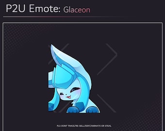 May include: A blue and white cartoon Glaceon Pokemon emote with a happy expression. The emote is on a black background with a white text overlay that says "PLS DONT TRACE/RE-SELL/EDIT/ANIMATE OR STEAL".