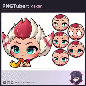 Könnte beinhalten: Eine digitale Illustration eines Cartoon-Charakters namens Rakan, mit einem weißen und roten Farbschema. Die Figur hat große türkisblaue Augen und mehrere Gesichtsausdrücke. Der Text "PNGTuber: Rakan" steht oben. Der Künstlername ist XMIDNIGHTBLOSSOM.