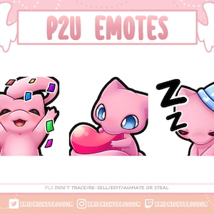 Puede incluir: Emoticones de arte digital rosa que representan una criatura felina en tres poses diferentes. Uno celebra con confeti, otro sostiene un corazón y el último duerme con un gorro de dormir. El texto "P2U EMOTES" está en la parte superior.