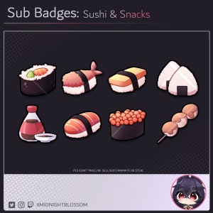 Cute japanese food Sushi onigiri Sub & Bit badges for Streamer | Graphics for Twitch