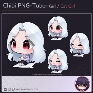 May include: Four digital illustrations of anime-style girls with white hair. The girls are wearing different outfits and have different facial expressions. The text "Chibi PNG-Tuber: Girl / Cat Girl" is at the top of the image. The text "PLS DONT TRACE/RE-SELL/EDIT/ANIMATE OR STEAL" is at the bottom of the image. The text "XMIDNIGHTBLOSSOM" is at the bottom of the image.