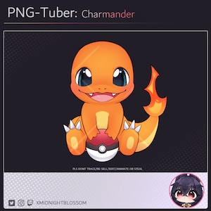 May include: A cartoon illustration of Charmander, a fire-type Pokemon, sitting on a Pokeball. Charmander is orange with a yellow flame tail and blue eyes. The background is black with a white polka dot pattern.