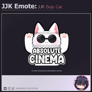 Op de afbeelding: Een cartoonafbeelding van een witte kat met een zonnebril en omhooggestoken poten, met de tekst "ABSOLUTE CINEMA" op een donkere achtergrond. De afbeelding is gelabeld "JJK Emote: JJK Gojo Cat" en bevat de social media handle van de maker.