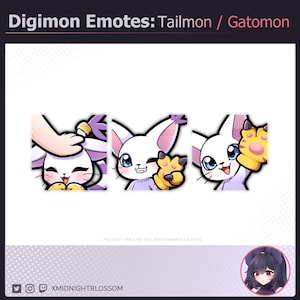 May include: Three Digimon emotes featuring Tailmon/Gatomon. The emotes show a white cat-like creature with pink accents, blue eyes, and a yellow paw. The text "Digimon Emotes: Tailmon / Gatomon" is at the top. The artist's name is at the bottom.