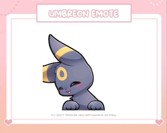 Könnte beinhalten: Eine Cartoon-Illustration von Umbreon, einem dunkelvioletten Pokémon mit gelben Markierungen, das zwinkert und lächelt. Der Text "UMBREON EMOTE" befindet sich über dem Bild und "PLS DON'T TRACE/RE-SELL/EDIT/ANIMATE OR STEAL" unter dem Bild.