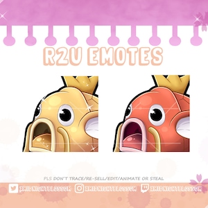 Könnte beinhalten: Zwei animierte Emojis eines Cartoon-Fisches mit einer Krone. Der Fisch links ist gelb und der Fisch rechts ist orange. Der Text "R2U EMOTES" befindet sich oben im Bild. Der Text "PLS DON'T TRACE/RE-SELL/EDIT/ANIMATE OR STEAL" befindet sich unten im Bild. Social-Media-Handles sind unter dem Text aufgeführt.