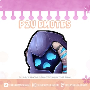 Könnte beinhalten: Lila und blauer Cartoon-Charakter-Emote mit einer Kapuze und leuchtend blauen Augen. Der Charakter schaut nach unten und hat einen besorgten Gesichtsausdruck. Der Text "P2U EMOTES" befindet sich oben im Bild. Der Text "PLS DON'T TRACE/RE-SELL/EDIT/ANIMATE OR STEAL" befindet sich unten im Bild.