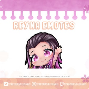 Könnte beinhalten: Eine digitale Illustration einer Comicfigur mit lila Haaren und rosa Augen. Die Figur trägt ein lila und schwarzes Outfit und winkt. Der Text "REYNA EMOTES" befindet sich oben im Bild. Der Text "PLS DON'T TRACE/RE-SELL/EDIT/ANIMATE OR STEAL" befindet sich unten im Bild. Der Text "@MIDNIGHTBLOSSOM" befindet sich unten im Bild.