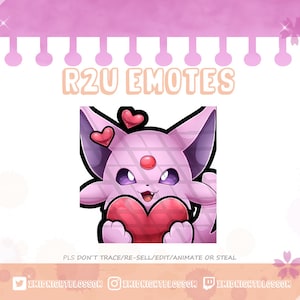May include: A pink and purple cartoon character with large ears and a heart in its paws. The character has a pink nose and a red heart above its head. The background is white with a pink border.