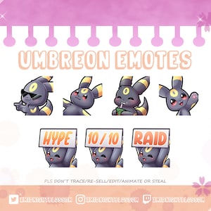 Könnte beinhalten: Ein Satz von acht Umbreon Pokémon-Emojis. Die Emojis zeigen Umbreon in verschiedenen Posen, darunter mit Sonnenbrille, mit einem Getränk in der Hand und mit Schildern, auf denen "Hype", "10/10" und "Raid" steht.