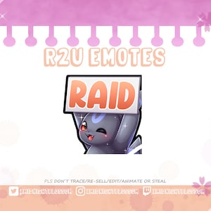 Könnte beinhalten: Digitales Kunstwerk eines Cartoon-Umbreon, das ein Schild mit dem Wort "RAID" hält. Das Bild befindet sich vor einem rosa-weißen Hintergrund mit dem Text "R2U EMOTES".