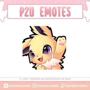 May include: A cute cartoon emote of a yellow Eevee with purple eyes, a pink nose, and a pink paw. The emote is waving with its right paw. The text "P2U EMOTES" is at the top of the image. The text "PLS DON'T TRACE/RE-SELL/EDIT/ANIMATE OR STEAL" is at the bottom of the image. The text "XMIDNIGHTBLOSSOM" is repeated three times at the bottom of the image, once with a Twitter icon, once with an Instagram icon, and once with a Twitch icon.