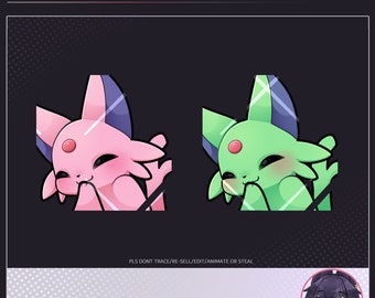 Op de afbeelding: Twee digitale illustraties van de Pokémon Espeon, een roze en een groene, met een schattige uitdrukking. De tekst "PLS DONT TRACE/RE-SELL/EDIT/ANIMATE OR STEAL" staat onderaan de afbeelding.