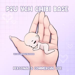 Könnte beinhalten: Eine digitale Illustration einer Chibi-Charakterbasis für die Verwendung in Kunst und Design. Die Basis ist eine kleine, cartoonartige Figur mit einem einfachen Design, perfekt zum Anpassen mit verschiedenen Merkmalen und Ausdrücken. Die Basis befindet sich in Schlafposition und ruht in der Handfläche einer Hand. Der Text "P2U YCH CHIBI BASE" befindet sich oben im Bild, und der Text "YCH BY MIDNIGHTBLOSSOM" befindet sich unterhalb der Basis. Der Text "PERSONAL & COMMERCIAL USE" befindet sich unten im Bild.