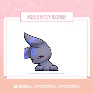 Könnte beinhalten: Eine Cartoon-Illustration von Umbreon, einem dunkelgrauen Pokémon mit blauen Ringen um die Augen, das lächelt und die Zunge herausstreckt. Der Text "UMBREON EMOTE" befindet sich oben im Bild und der Text "PLS DON'T TRACE/RE-SELL/EDIT/ANIMATE OR STEAL" unten im Bild.