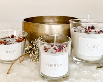 Energy Candle / Energiekerze / Kerze / Sojawachs / Meditationskerze / Ritualkerze / Kräuterkerze / Kerze mit Kristallen, Blüten & Kräutern