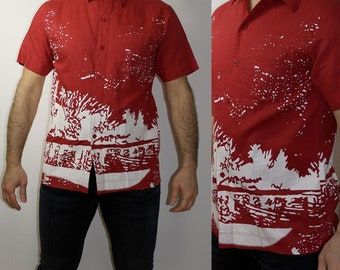 Mens Abstract Print Shirt Short Sleeve Italian Shirt Geometric Button Up Psychedelic Festival Shirt Summer Shirt Size L