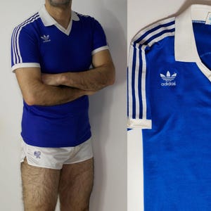 Vintage Adidas Trefoil V-Neck Soccer Shirt | 70s 80s Blue Unisex Jersey | Made in Finland | Size M Retro Sports Tee