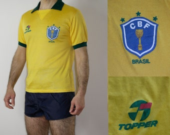 Italia 90 Home JERSEY TOPPER BRAZILIË 80s voetbalshirt Vintage / 80s voetbal T-shirt / Sport geel jersey shirt / maat G Made in Brazil