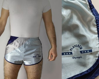 80er Jahre PLAYCREW Shiny Color Block Fußball Sprinter Shorts Vintage Satin Gym Sprinter Laufen Workout