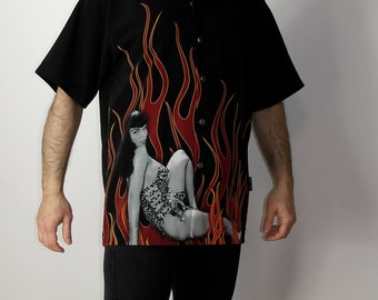 Bettie Page Flame Button-up Shirt, Y2K Pinup Top (size M) - Etsy