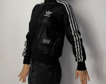 adidas スタジャン M 刺繍ビッグロゴ CHILE62 90s Y2K 黒 00s Adidas Chile 62 Big Trefoil Shiny Tracksuit / Vintage