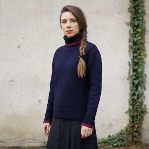 Versace Jeans Couture Wool Turtleneck Sweater Blue with Burgundy Trim | Vintage Italian Designer Knit Jumper | Made in Italy