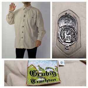 Camisa folclórica alemã austríaca oktoberfest vintage trachten camisa de algodão de linho tamanho 41 Beer Fest Munique