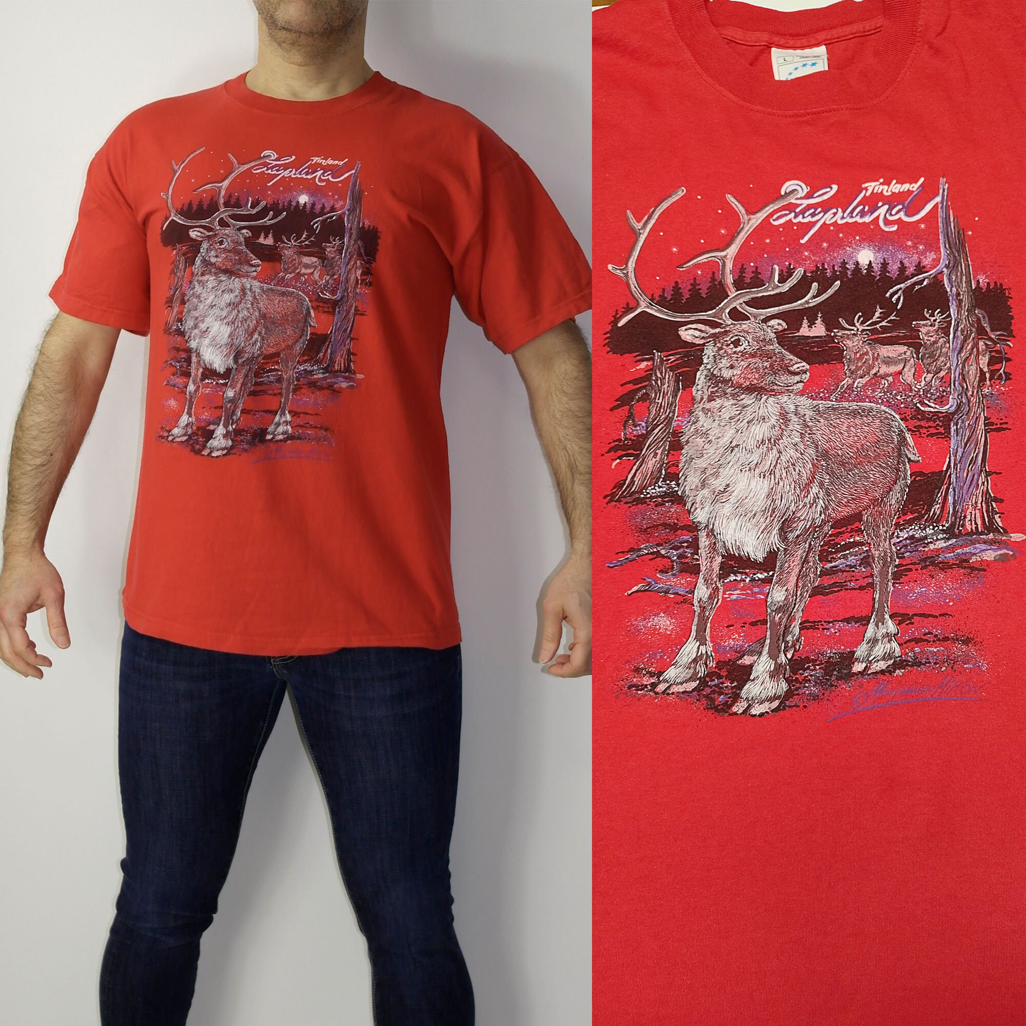 Vintage 90s Lapland Finland Reindeer T-shirt Size L | Red Cotton