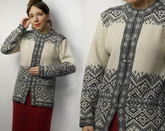 Vintage Nordic Wool Cardigan | Scandinavian Fair Isle Sweater, Small XS