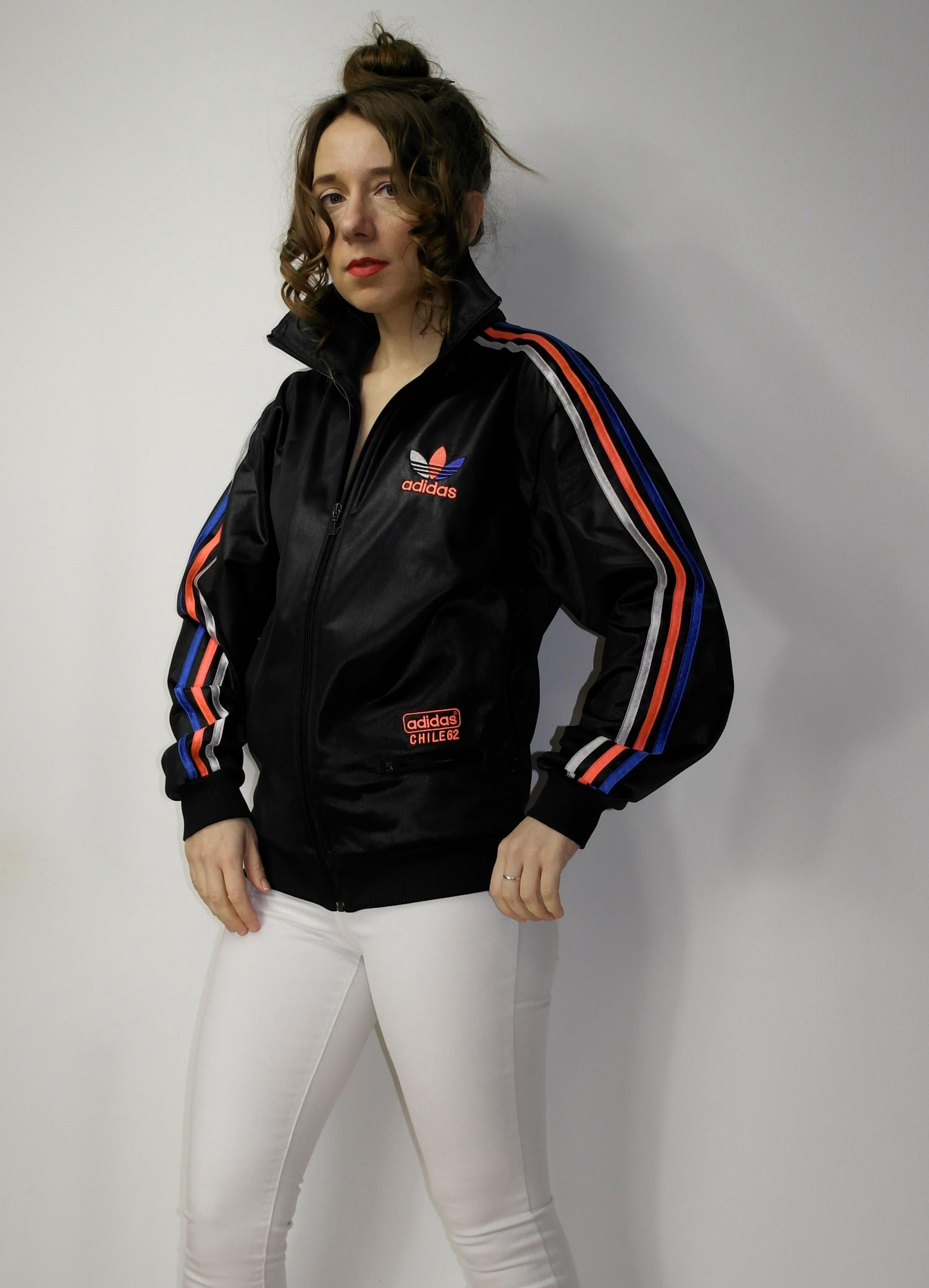 adidas スタジャン M 刺繍ビッグロゴ CHILE62 90s Y2K 黒 Adidas Chile 62 Big Trefoil Shiny Tracksuit / Zip up Vintage