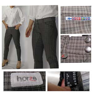 Könnte beinhalten: Reithose aus braunem und grauem Karostoff mit einem schwarzen Leder-Kniefleck. Die Reithose hat ein Horze-Logo auf der Gesäßtasche und ein Größenetikett mit folgenden Größen: D 40, CH 40, F 46, GB 14, USA M.