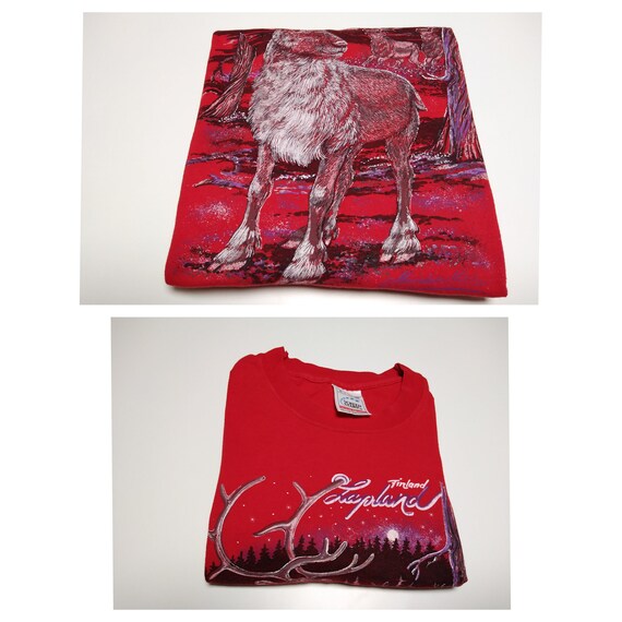 Vintage 90s Lapland Finland Reindeer T-shirt Size L | Red Cotton